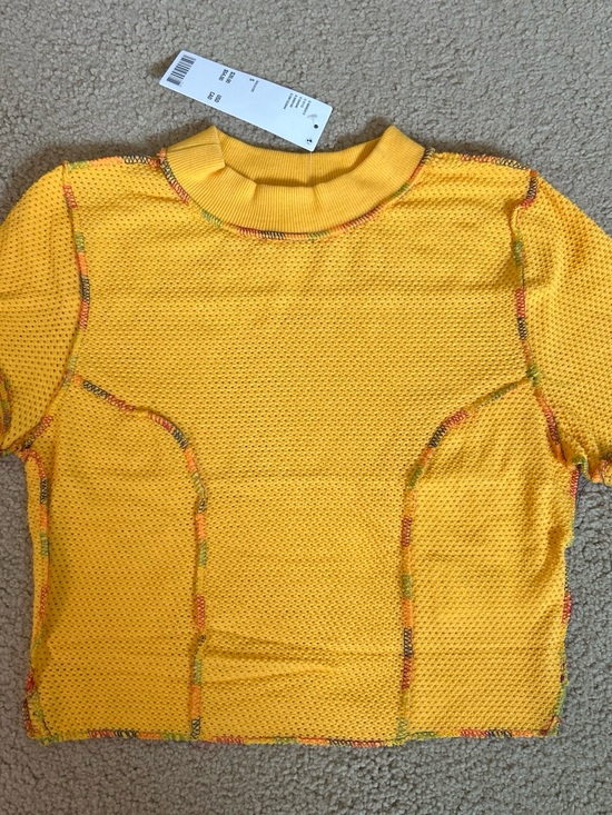 BDG Tops - BDG Yellow Cropped Mesh Top with Multicolor Contrast Stitching